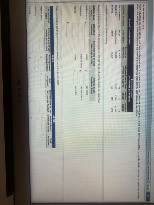 CALCULATOR PRINTER VERSION 4 BACK Do It Review 4-2- Flynn Industries has three activity cost pools and two products. It estim
