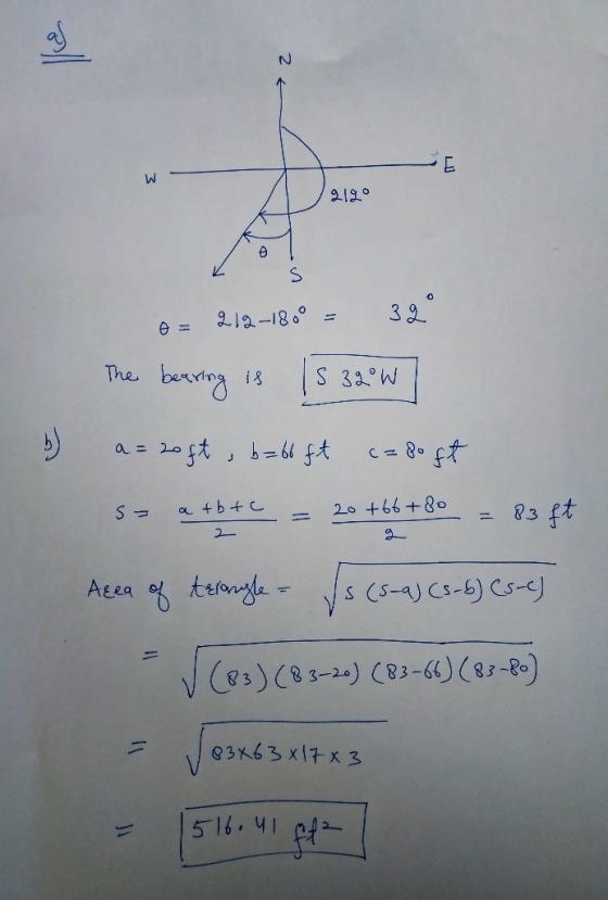 2 → 2190 KS 8 = 212-1860 320 The berring is 15 320W b) a= 25t, b=b.ft ca doft 5= a + b + c = 20 +6+80 = 83 ft Acea of terangl