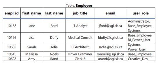 Table. Employee empl id first_name last_name job title email user role Administrator, 10158 Jane Ford IT Analystjford@sgi.sk.caBase_Employee, Systems Base Employee, BI_Power_User Systems Power User 10196 Lisa Duffy Medical Consult duffy@sgi.sk.ca Adie Noels Rand 10602 Sarah sadie@sgi.sk.ca Driver Examiner mnoels@sqi.sk.caBase Employee IT Architect 10615 10628 Mellissa Am Clerk 5 arand@sgi.sk.caCreative_Dev