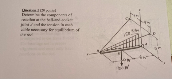 Question 1 (20 points) Determine the components of reaction at the ball-and-socket joint A and the tension in each cable nece