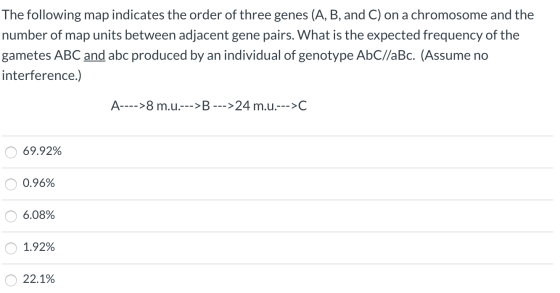 The following map indicates the order of three genes (A, B, and C) on a chromosome and the number of map units between adjace