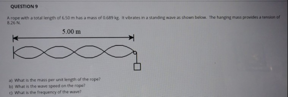 QUESTION 9 A rope with a total length of 6.50 m has a mass of 0.689 kg. It vibrates in a standing wave as shown below. The ha