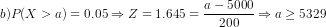 b)P(X>a)=0.05\Rightarrow Z=1.645=\frac{a-5000}{200}\Rightarrow a\geq5329