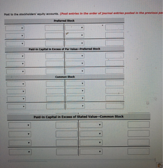 Post to the stockholders equity accounts. (Post entries in the order of journal entries posted in the previous pa. Preferred