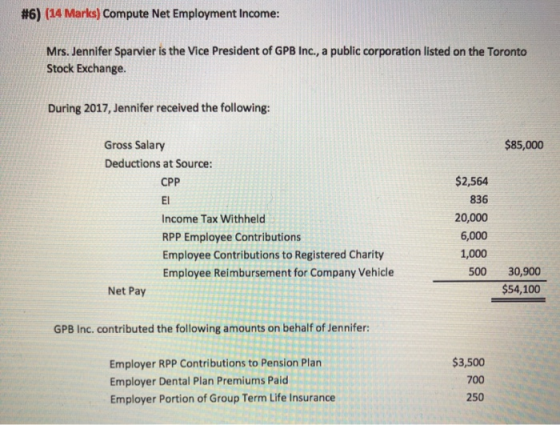 #6) (14 Marks) Compute Net Employment Income: Mrs. Jennifer Sparvier is the Vice President of GPB Inc., a public corporation