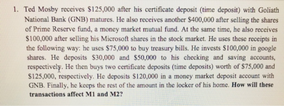 1. Ted Mosby receives $125,000 after his certificate deposit (time deposit) with Goliath National Bank (GNB) matures. He also