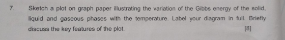7. Sketch a plot on graph paper illustrating the variation of the Gibbs energy of the solid, liquid and gaseous phases with t
