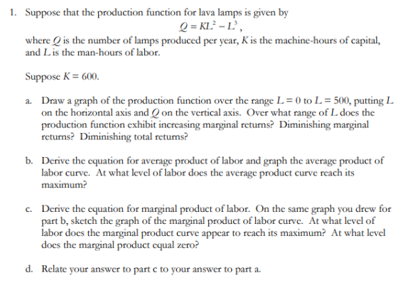 1. Suppose that the production function for lava lamps is given by Q = KL -ľ, where is the number of lamps produced per year,