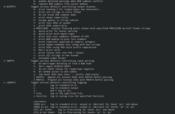 -O OUTOPTS W: enable detailed warnings when MIB symbols conflict R: replace MIB symbols from latest module Toggle various def