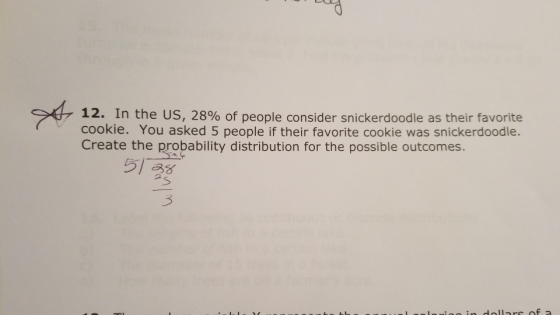 12. In the US, 28% of people consider snickerdoodle as their favorite cookie. You asked 5 people if their favorite cookie was