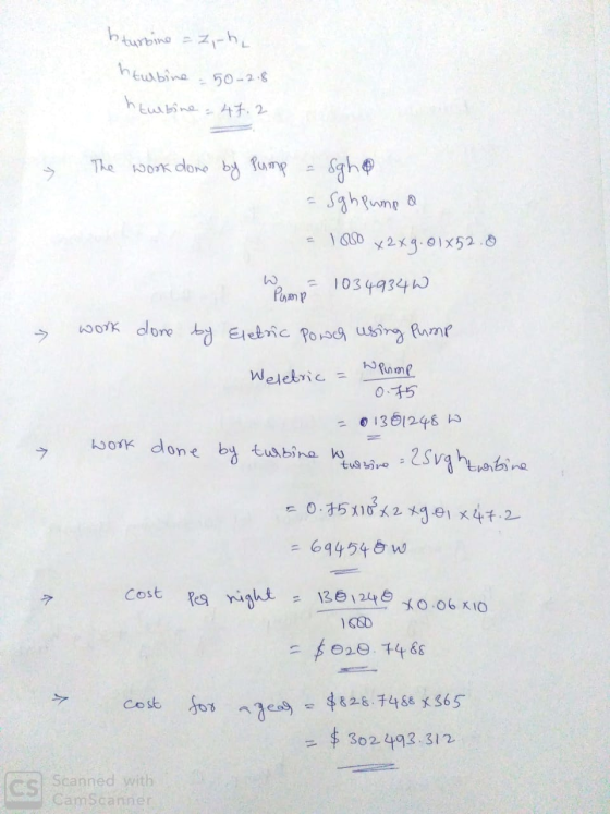 h turbine = zih hturbine - 50-2.8 htubine 47.2 » The work done by Pump = Sghe - Sghpump a - 1650 x2x9.01x52.0 Pump 10349340 d