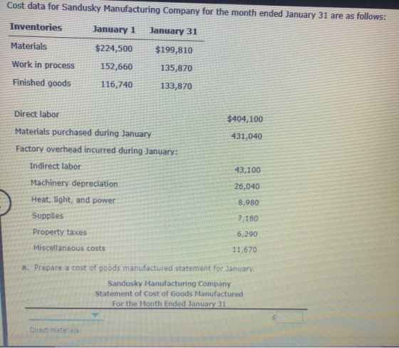 Cost data for Sandusky Manufacturing Company for the month ended January 31 are as follows: Inventories January 1 January 31