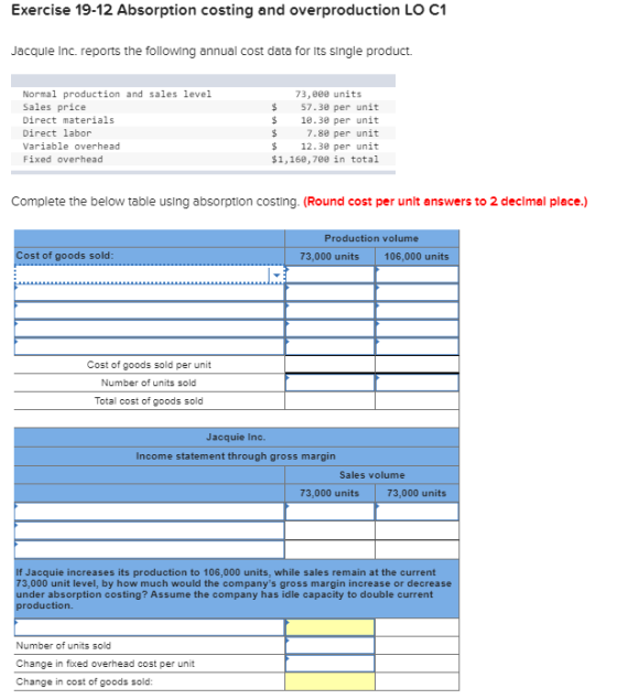 Exercise 19-12 Absorption costing and overproduction LO C1 Jacquie Inc. reports the following annual cost data for its slingl