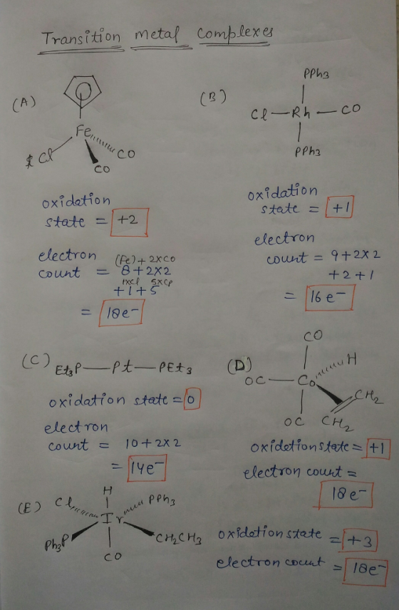 Transition metal Comblexes PPh3 CA CR ) ce RhCo Fe te Со PPh2 Co oxidation state 1+2 | efectron (Pe)+ 2xco count 8+2x2 oxidation electron count= 9 2x2 +2+1 CO oxidation state elect ron electron count 18 e oxidation stete +2 Phg C O electron cocut