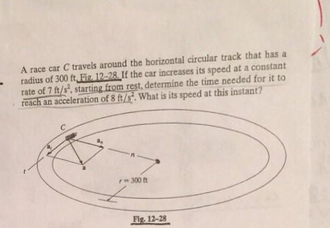 A race car C travels around the horizontal circular track that has a / radius of 300 ft Fis 12-28 If the car increases its sp