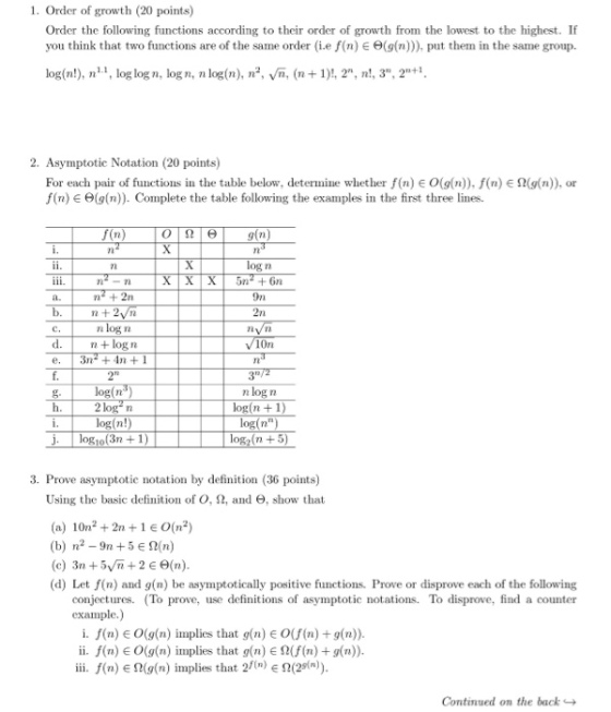 1. Order of growth (20 points) Order the following functions according to their order of growth from the lowest to the highest. If you think that two functions are of the same order (Le f(n) E Θ(g(n))), put then in the same group. log(n!), n., log log n, logn, n log(n), n2 V, (1)!, 2, n!, 3, 21 2. Asymptotic Notation (20 points) For each pair of functions in the table below, deternme whether f(n) E O(g(n), f(n) € Ω(g(n)), or f(n) Θ(g(n)). Complete the table following the examples in the first three lines. o gin /n n+2n On 2n a. d.log n 10n 2n g.log(n n log n log(n +1) log n log(n!) j.logi0(3n +1) 3. Prove asymptotic notation by definition (36 points) Using the basic definition of O, Ω, and Θ, show that (a) 10722 + 2n + 1 E 0(n2) (b) n2-9n + 5 e Ω(n) (d) Let f(n) and g(n) be asymptotically positive functions. Prove or disprove each of the following conjectures. (To prove, use definitions of asymptotic notations. To disprove, find a counter example.) i. f(n) E O((n) implies that g(n) E O(f(n)+g(n)) ii, f(n) E 0(g(n) implies that g(n) E Ω(f(n) + g(n)). iii. f(n) E Ω(g(n) implies that 2f(n) E Ω(2g(n)). Continued on the back→