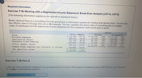 Required information Exercise 7-16 Working with a Segmented Income Statement; Break-Even Analysis (L07-4, L07-5) (The followi