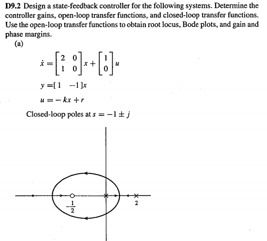 D9.2 Design a state-feedback controller for the following systems. Determine the controller gains, open-loop transfer functions, and closed-loop transfer functions Use the open-loop transfer functions to obtain root locus, Bode plots, and gain and phase margins LU u=-kx + r Closed-loop poles at s --1tj 2