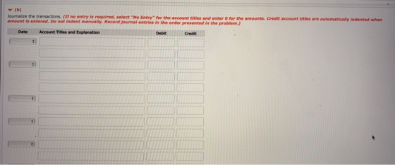 (b) Journalize the transactions. If no entry is required, select No Entry for the account titles and enter for the amounts,