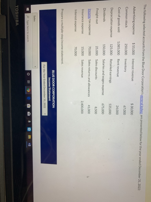 The following selected accounts from the Blue Door Corporations general ledger are presented below for the year ended Decemb