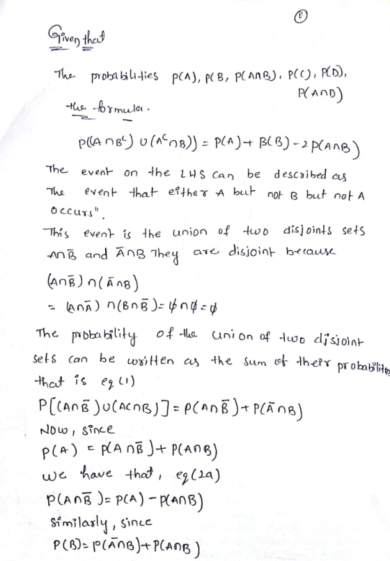 0 The evenr on the 1니S can be described as The event that efthe γ A bat not B but otA This even is the union of two disjoin!s se4s nn B and Ang ㄱhey are, disjoint be (ause Sels can be wxiHen a the Sum therr thats e u) we have 4thod, e(a)