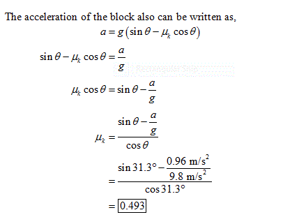 The acceleration of the block also can be written as, a = g (sin θ-M cos θ) cos- aim sing_ cos θ 0.96 m/s2 9.8 m/s sin 31.3