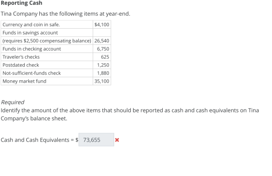 Reporting Cash Tina Company has the following items at year-end. Currency and coin in safe. $4,100 Funds in savings account (
