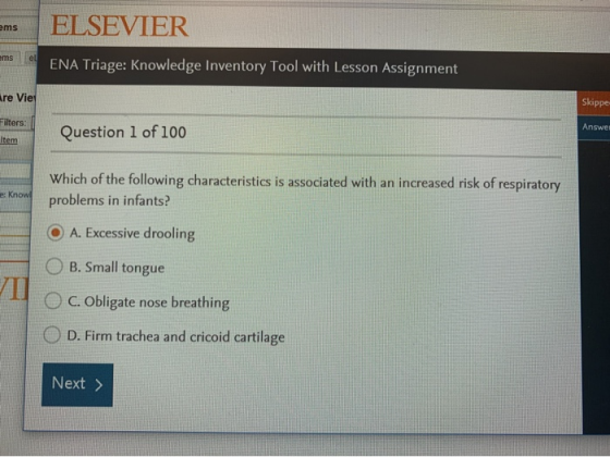 ms ELSEVIER ms el ENA Triage: Knowledge Inventory Tool with Lesson Assignment, re Vie Skippe Answe Filters: Item Question 1 o