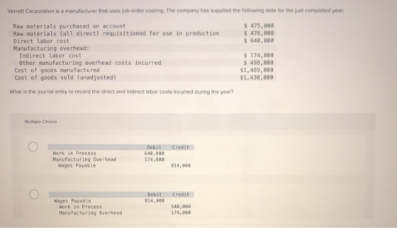 Verrett Corporation is a manufacturer that uses job-order costing. The company has supplied the following data for the just c