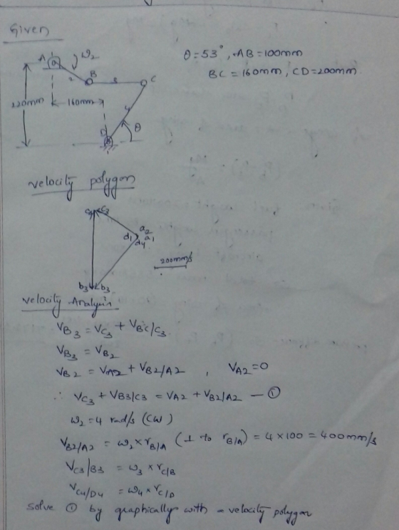 Given 0:53,-4B-100mm BC = 160mm, CD = 200mm som kommy velocity polygon velocili 200mm bb, velocity Analynn V = V + Vecka VB =