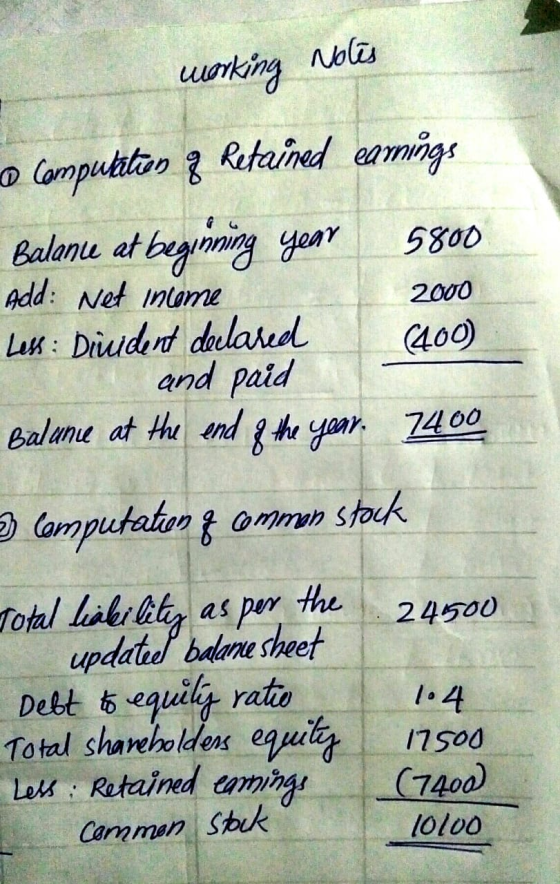 Notes working © Computation & Retained earnings Balance at beginning year 5800 Add: Net income 2000 Less : Divident declared