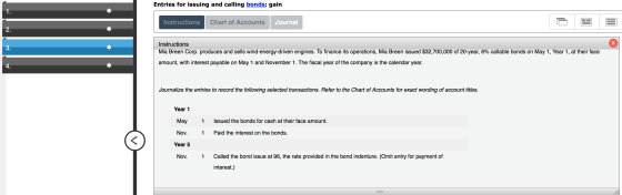 Entries for issuing and calling bonds; gain Instructions Chart of Accounts Journal Instructions Mia Breen Corp. produces and
