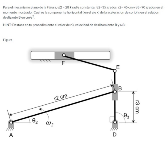 Para el mecanismo plano de la Figura, 2 - 28 krad/s constante, 82-35 grados, r2- 45 cm y 83-90 grados en el momento mostrado.