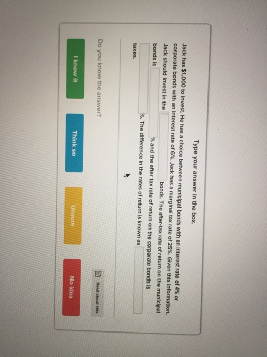 Type your answer in the box. Jack has $1,000 to invest. He has a choice between municipal bonds with an interest rate of 4% or corporate bonds with an interest rate of 6%, Jack has a marginal tax rate of 25%. Given this information, Jack should invest in the bonds is bonds. The after-tax rate of return on the municipal % and the after tax rate of return on the corporate bonds is %. The difference in the rates of return is known as taxes. Read about this Do you know the answer? Think so No idea I know it