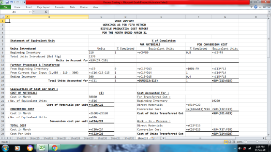 XI. х Process Costing - Microsoft Excel (Product Activation Failed) File Home Insert Page Layout Formulas Data Review View ♡