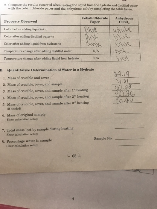 Compare the results observed when testing the liquid from the hydrate and distilled water with the cobalt chloride paper and