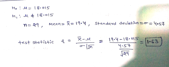 ที่ーマ9, Mea n=-= 19. y, standard deviation-σ-4-sF test statistic t= x-w = 19.y-18.01s 二11-63 29