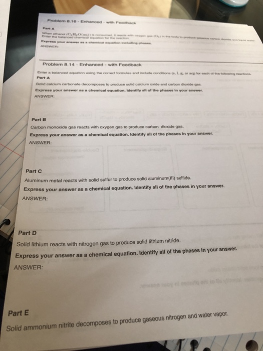 Problema.16 - Enhanced Problem 8.14 - Enhanced - with Feedback Enter a balanced gro w t Part A Solid calcium carbonate de com