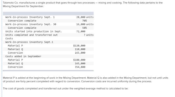 Talamoto Co. manufactures a single product that goes through two processes Mixing Department for September. mixing and cookin