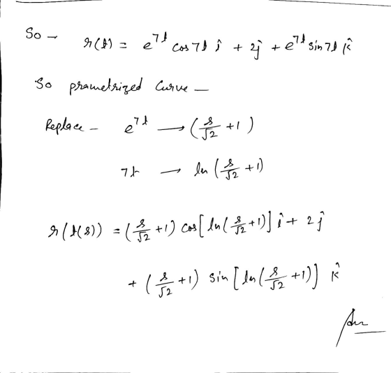 So - r(t) = el cos ld i + 2) + ett sinze So prametrized Curve S Replace ell e (2 +) len ( f / 2+1) ht 6/4(3)) = +1) cos [ lin