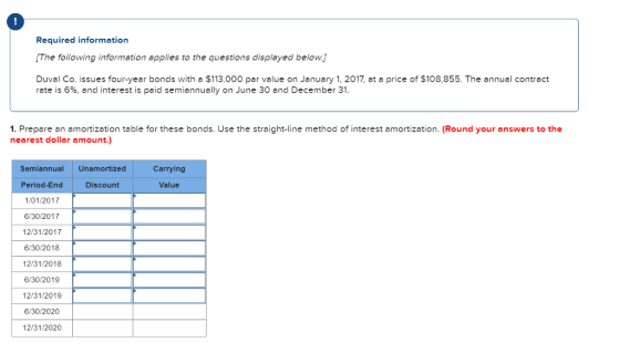 Required information The following information applies to the questions displayed below.J Duval Co. issues four-year bonds with a $113,000 par value on Jenuary 1, 2017, at a price of $108,855. The annual contract rate is 6%, and interest is paid semiannually on June 30 and December 31. 1. Prepare an amortization table for these bonds. Use the straight-line method of interest amortization. (Round your answers to the nearest dollar amount.) Carrying Semiannual Unamortized Period-End 1/01/2017 6/30/2017 12/31/2017 6/30/2018 12/31/2018 6/30/2019 12/31/2019 6/30/2020 12/31/2020 Discount Value
