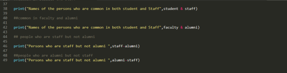 print(Names of the persons who are common in both student and Staff, student & staff) 40 ##common in faculty and alumni pri