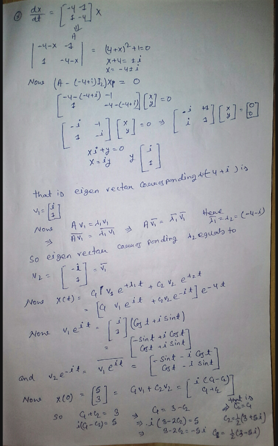 roy17 de 174 I-4 1-4X 1 I = (4x)² +120 7 -4-X x+y= 2 l x= -42 i Now (A - (-4+1) I) xp = 0 fusca) -24.0) (2) - 3] [%]- - [ 1 ]