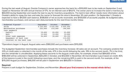 Check my work During the last week of August, Oneida Companys owner approaches the bank for a $110,000 loan to be made on Se