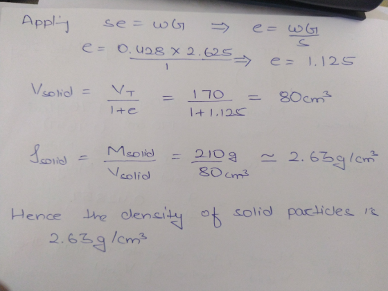 Appling se=wG e = 0.428 X 2.625 < =wG => e = 1.125 Vsolid = VI The = 170 + 1.125 = 80cm3 +1,120 Soin = Meonid = 210g Veolid 8