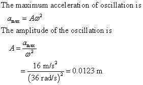 The maximum accel erati on of oscillation is The amplitude of the oscillation is ct 16 m/s (36 rad/s) =0.0123 m