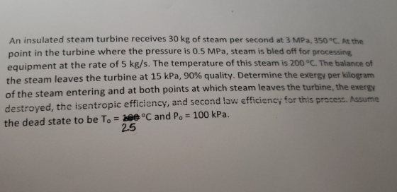 An insulated steam turbine receives 30 kg of steam per second at 3 MPa, 350 °C. At the point in the turbine where the pressur