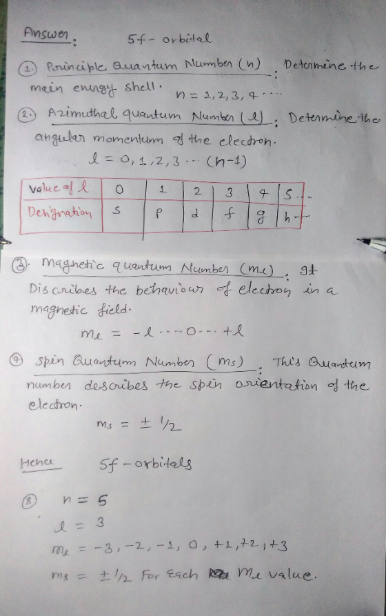 Answen 5f- orbital 6. Principle Quantum Numben (n) Determine the main eningy shell n = 2, 2, 3, 4 .... (2.) Azimuthal quantum