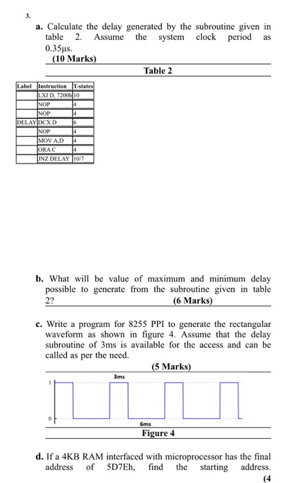 3. a. Calculate the delay generated by the subroutine given in table 2. Assume the system clock period as 0.35us. (10 Marks)