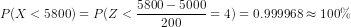 P(X<5800)=P(Z<\frac{5800-5000}{200}=4)=0.999968\approx 100\%
